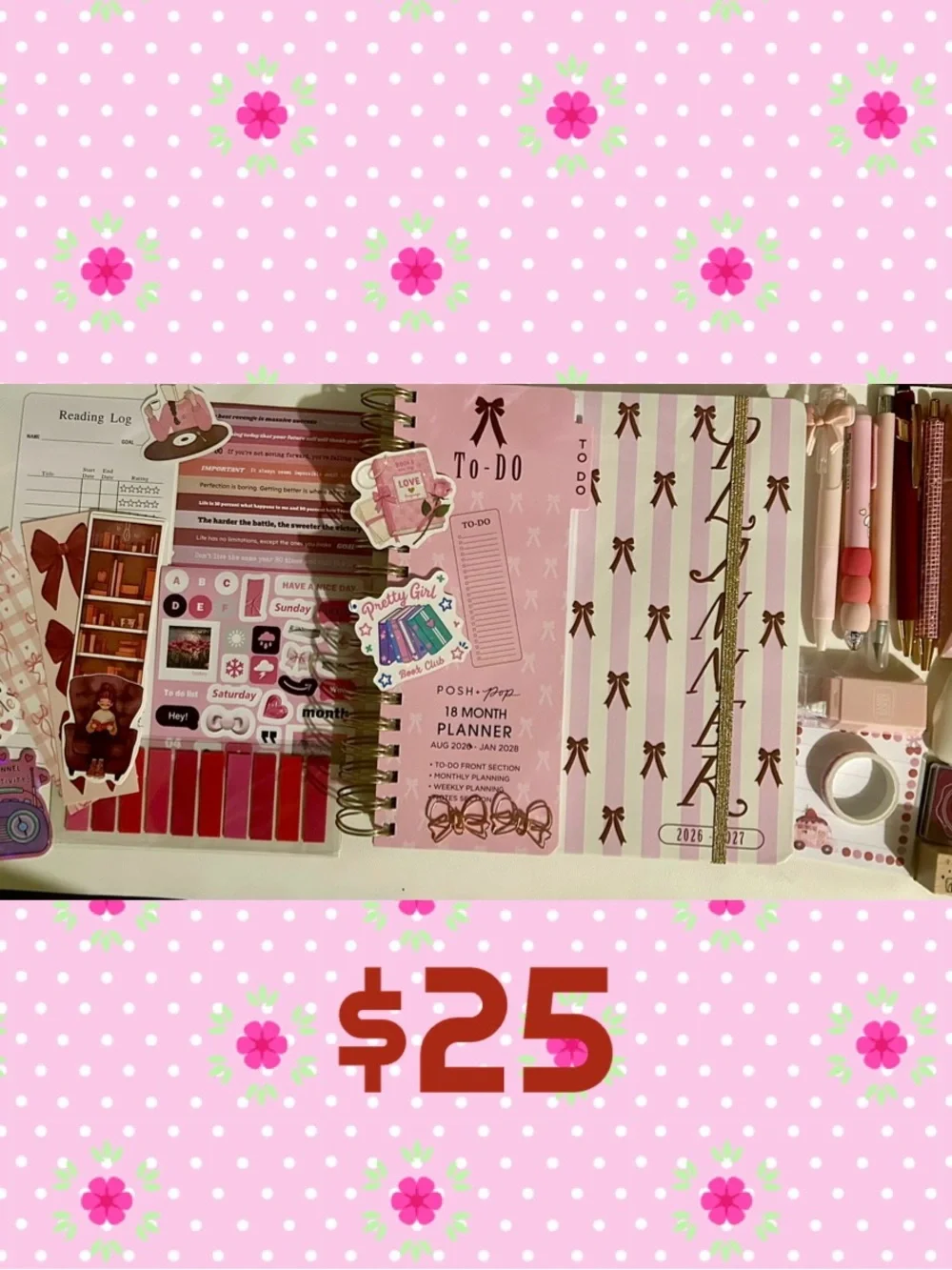 Floral Bee Spiral Planner + Pink Desk Accessory Kit